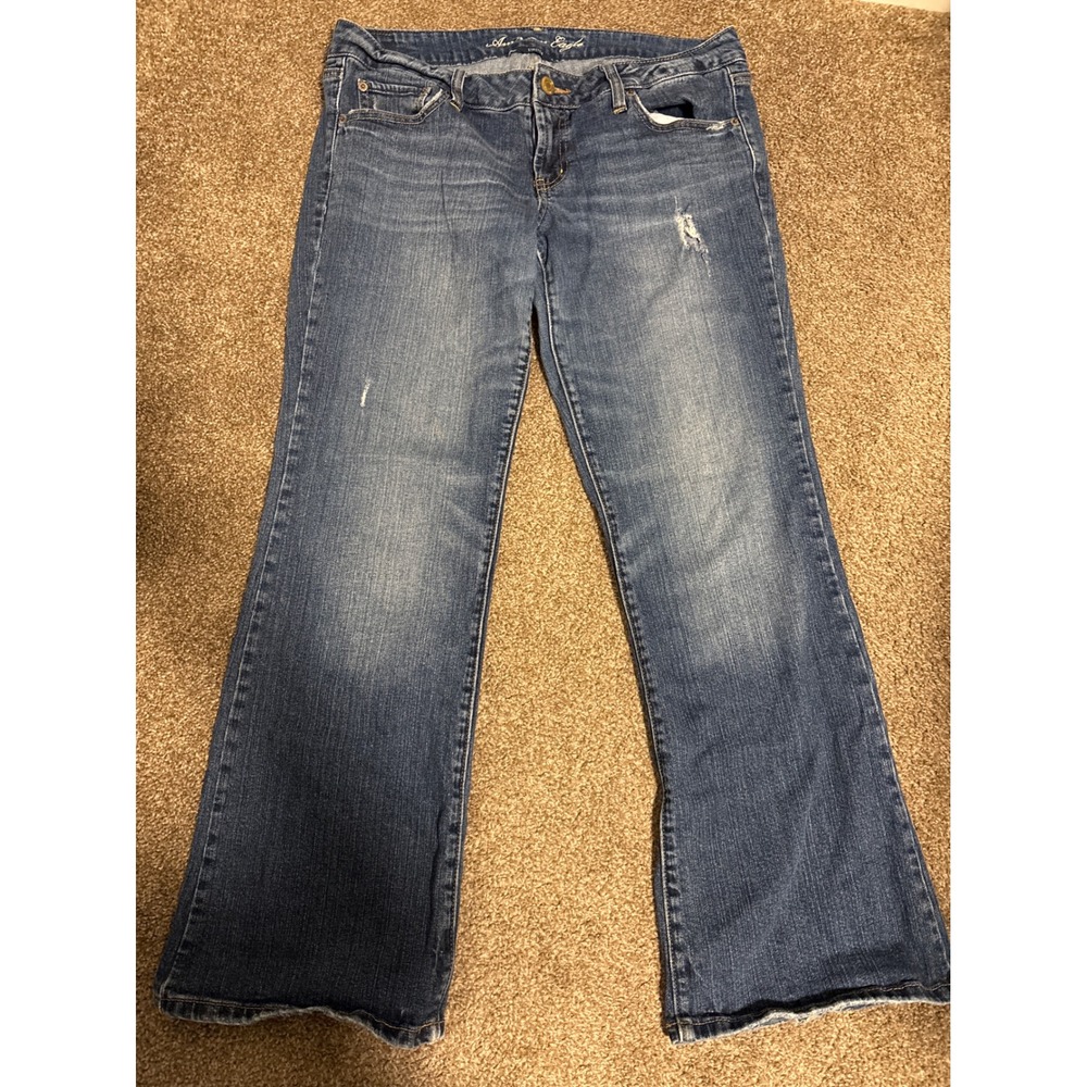 American Eagle Favorite Boyfriend Jeans Womens 14 Blue Good Distressed Mid Rise